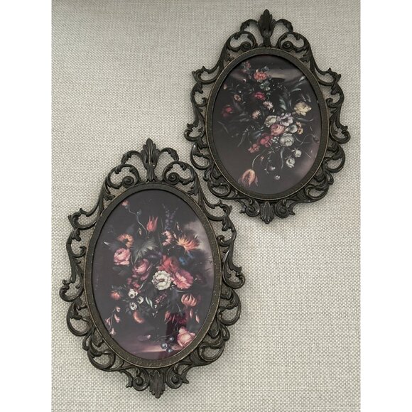 Set of 2 VTG Italian Ornate Oval Metal Frames Floral Prints Wall Hanging Baroque - Picture 1 of 12